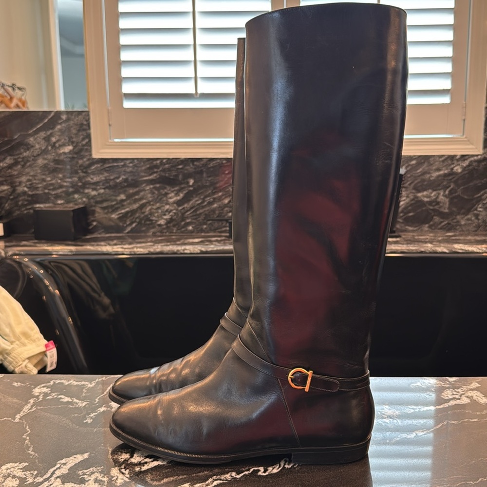 Salvatore Ferragamo Black Leather Over the Knee Boots Riding Boots